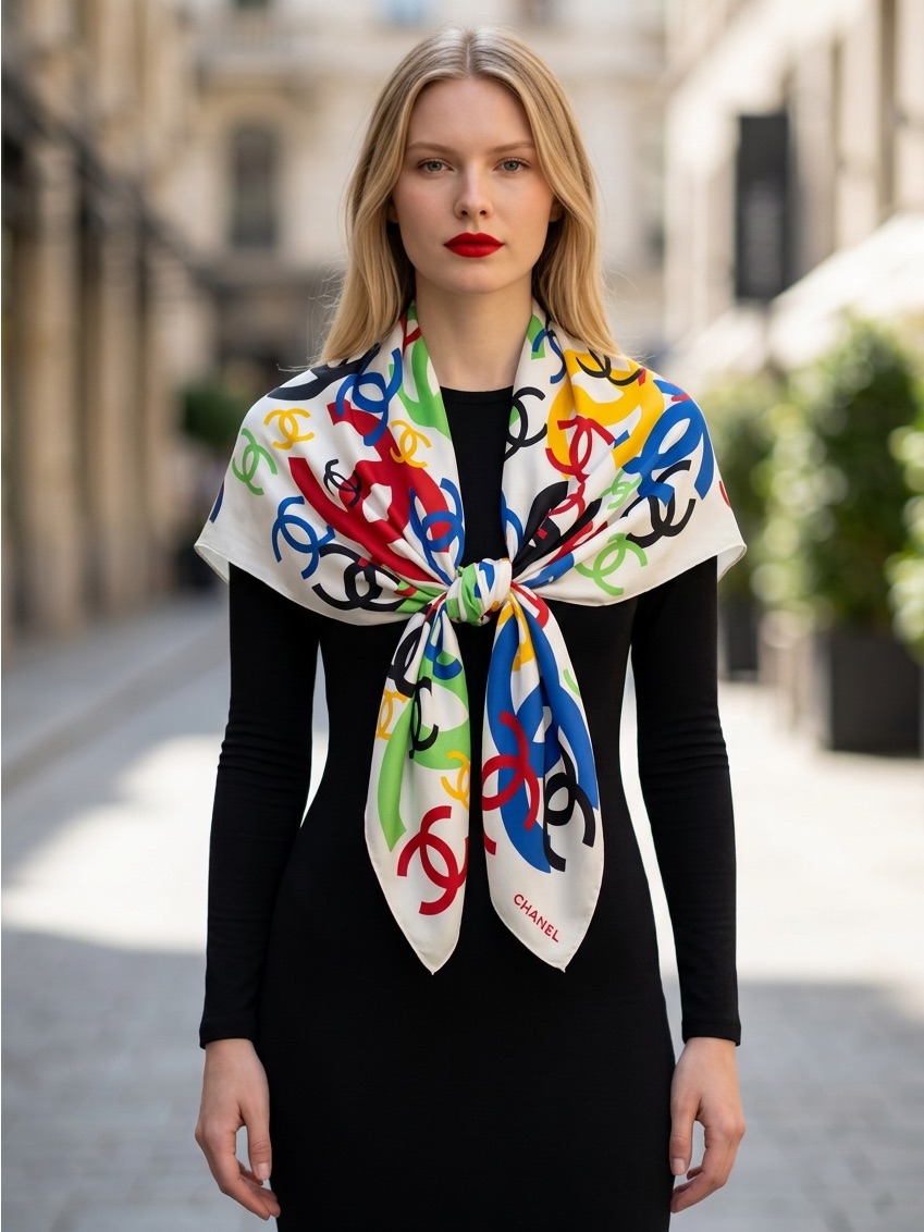 Chanel Multicolor Cc Logo Silk Scarf - White, Red, Blue, Yellow, Green, Black